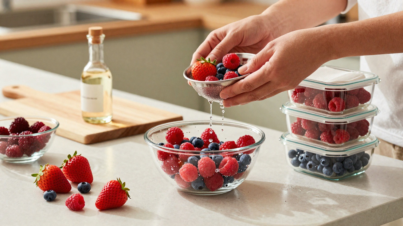 Mãos a lavar frutos vermelhos numa cozinha, com framboesas, morangos e mirtilos em recipientes de vidro.