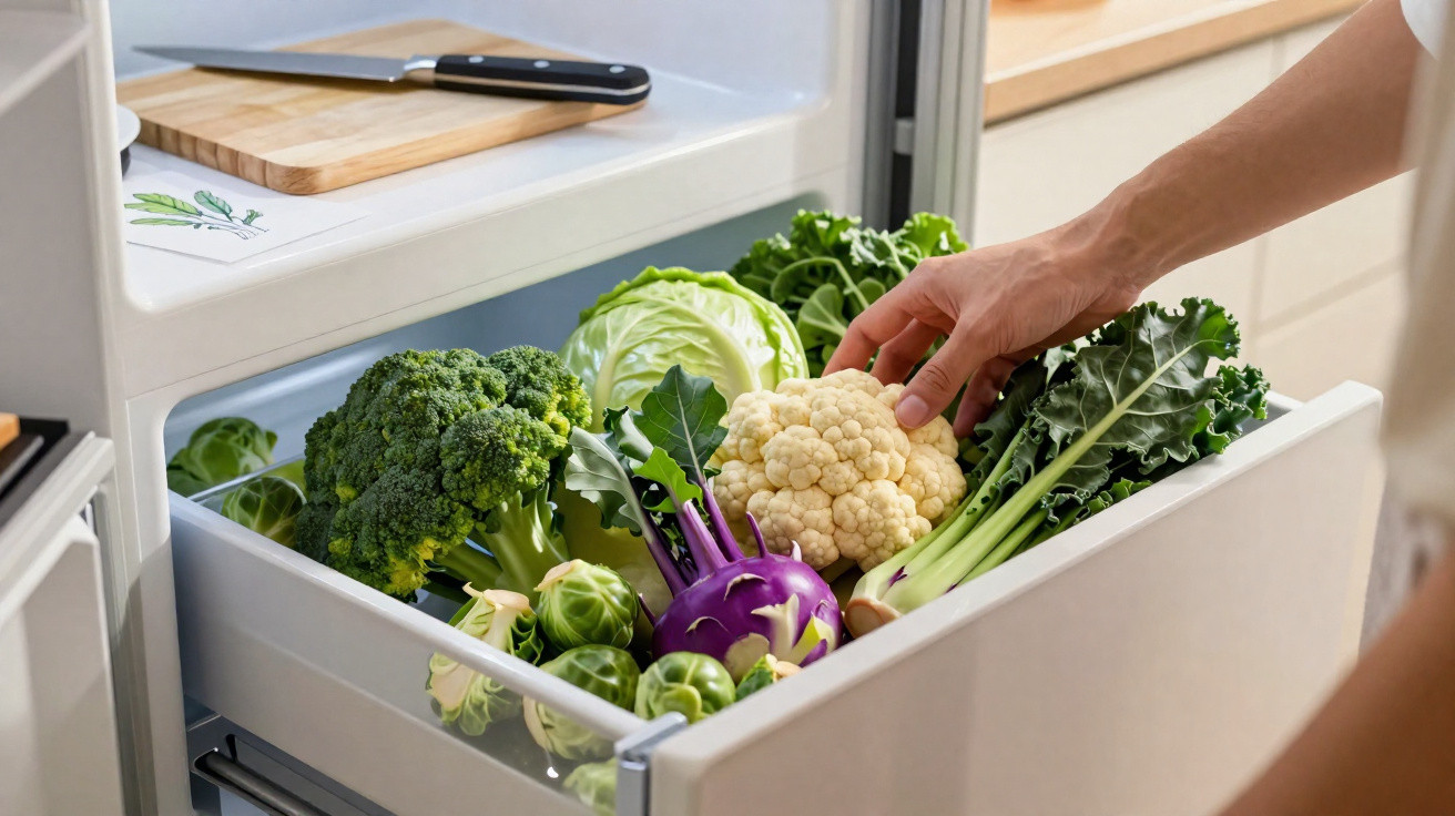 Mão humana a pegar couve-flor num frigorífico aberto com vários vegetais frescos.