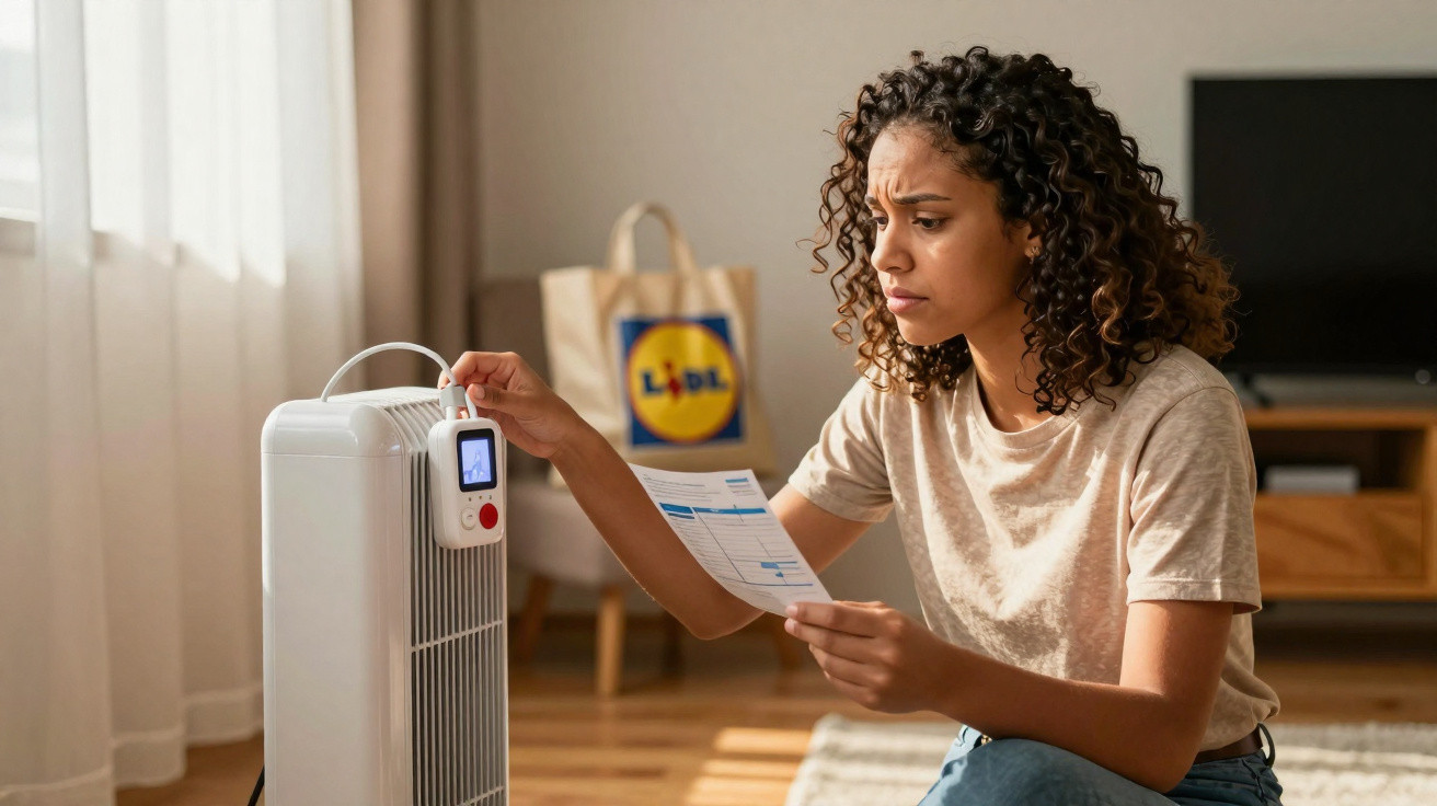Mulher sentada em casa, ajustando um aquecedor elétrico e a ler uma fatura com expressão preocupada.