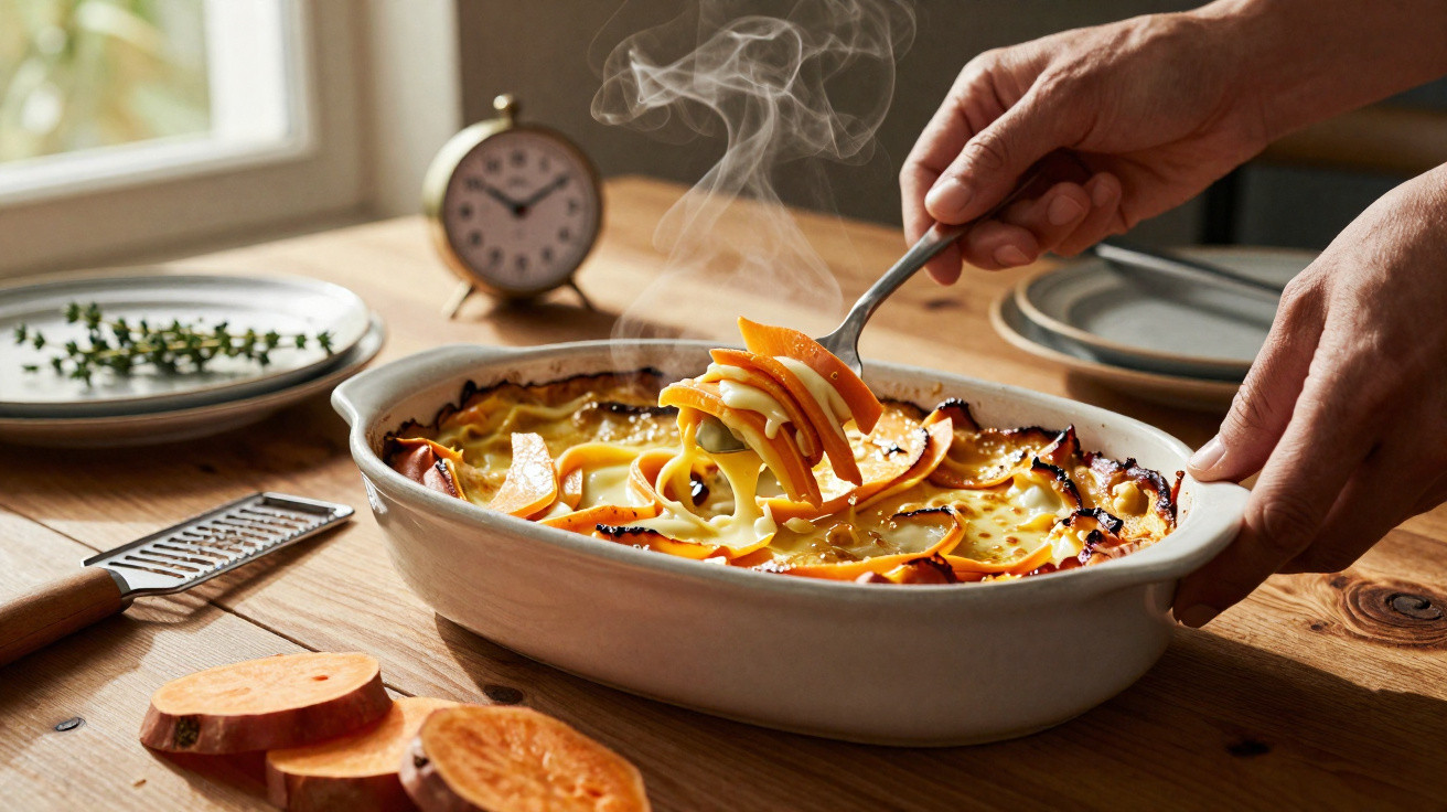 Mãos a servir sobremesa quente de batata-doce num tabuleiro branco numa mesa de madeira com relógio e pratos.