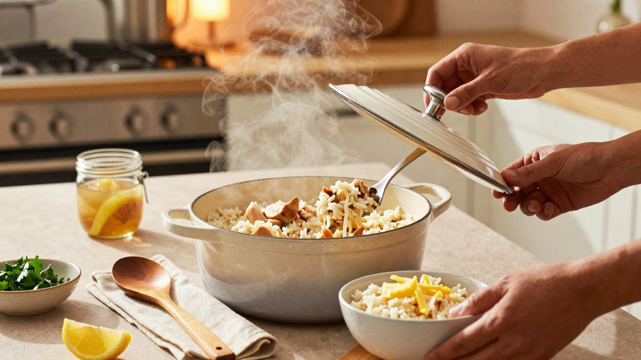 Pessoa a servir arroz quente com pedaços de frango de uma panela num prato branco numa cozinha moderna.