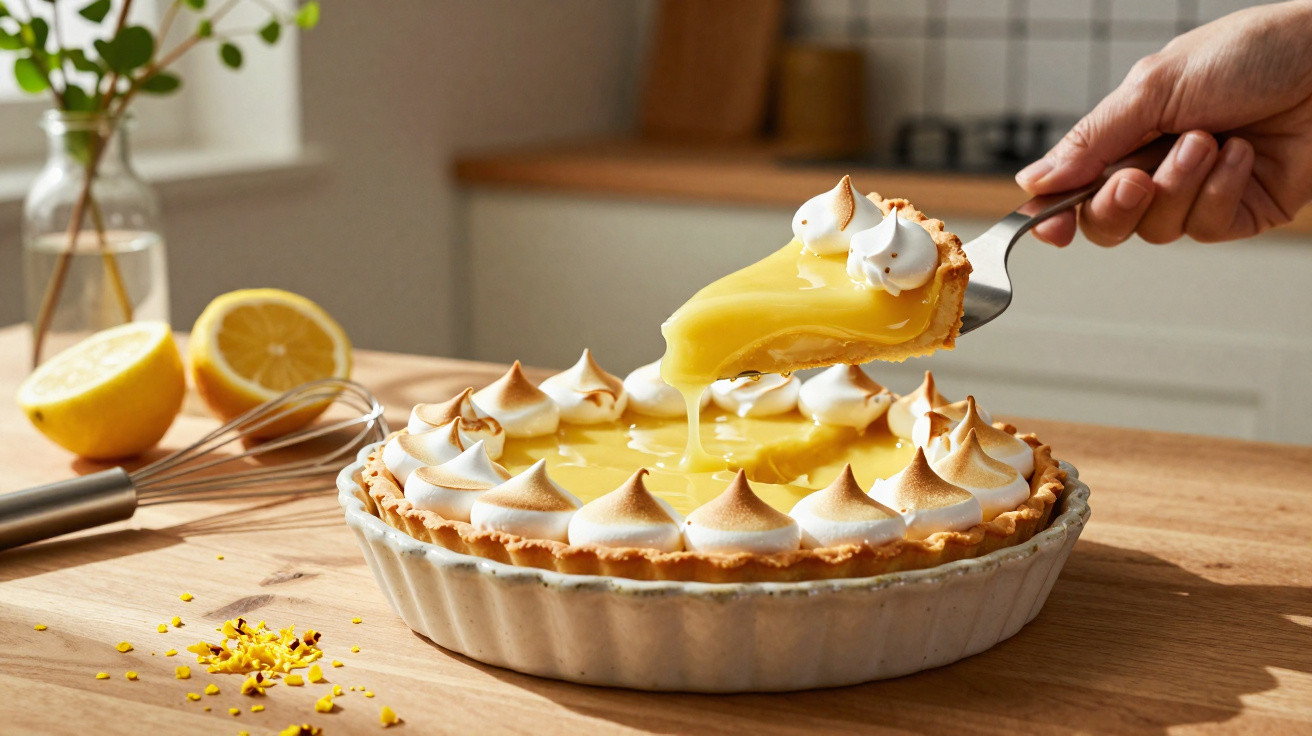 Tarte de limão com cobertura de merengue a ser servida numa cozinha iluminada.