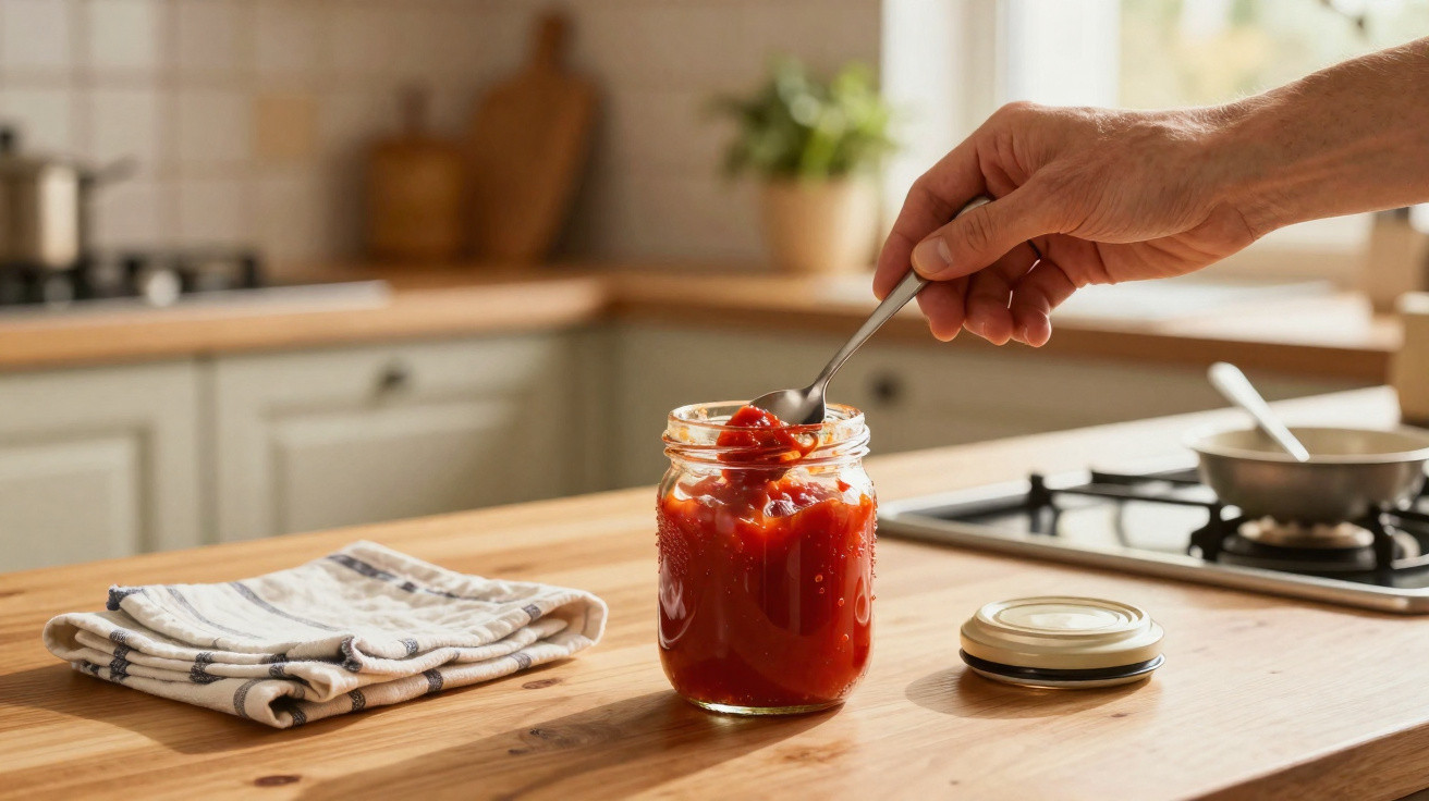 Mão a retirar molho de tomate de frasco de vidro numa cozinha com toalha e fogão ao fundo.