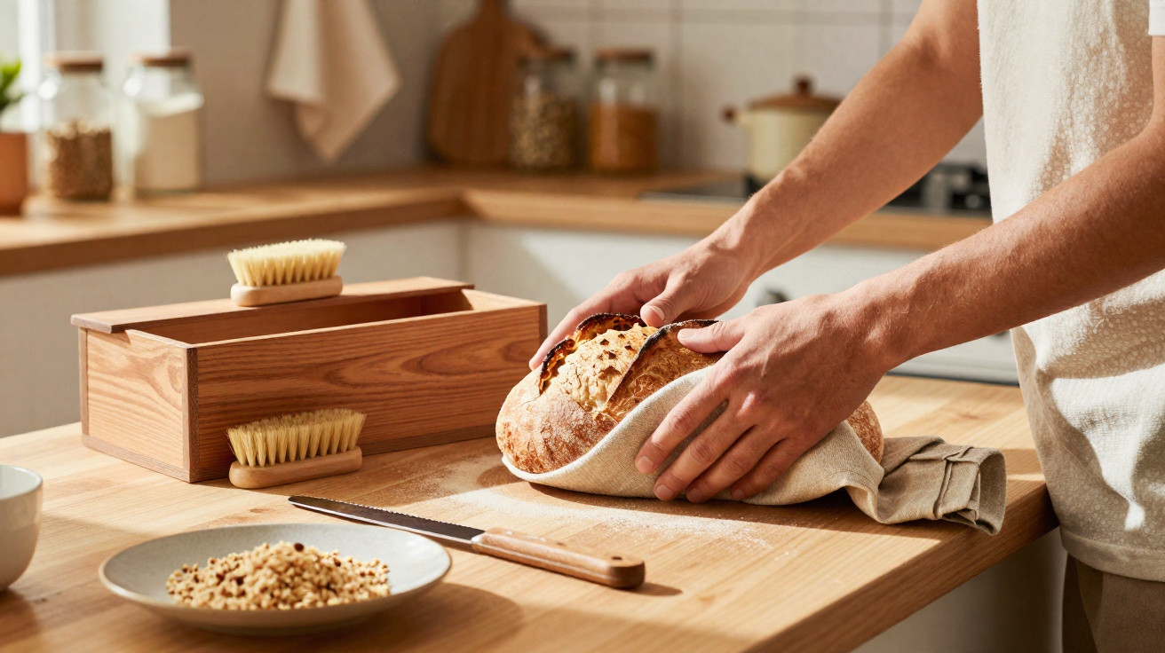 Mãos a envolver pão caseiro recém-cozido com um pano numa cozinha iluminada e organizada.