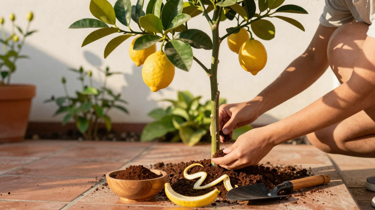Pessoa a cuidar de uma planta de limão em vaso com terra e ferramenta de jardinagem ao lado.