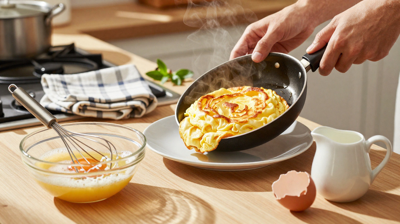 Pessoa a cozinhar uma omelete quente numa frigideira numa cozinha com ingredientes ao lado.
