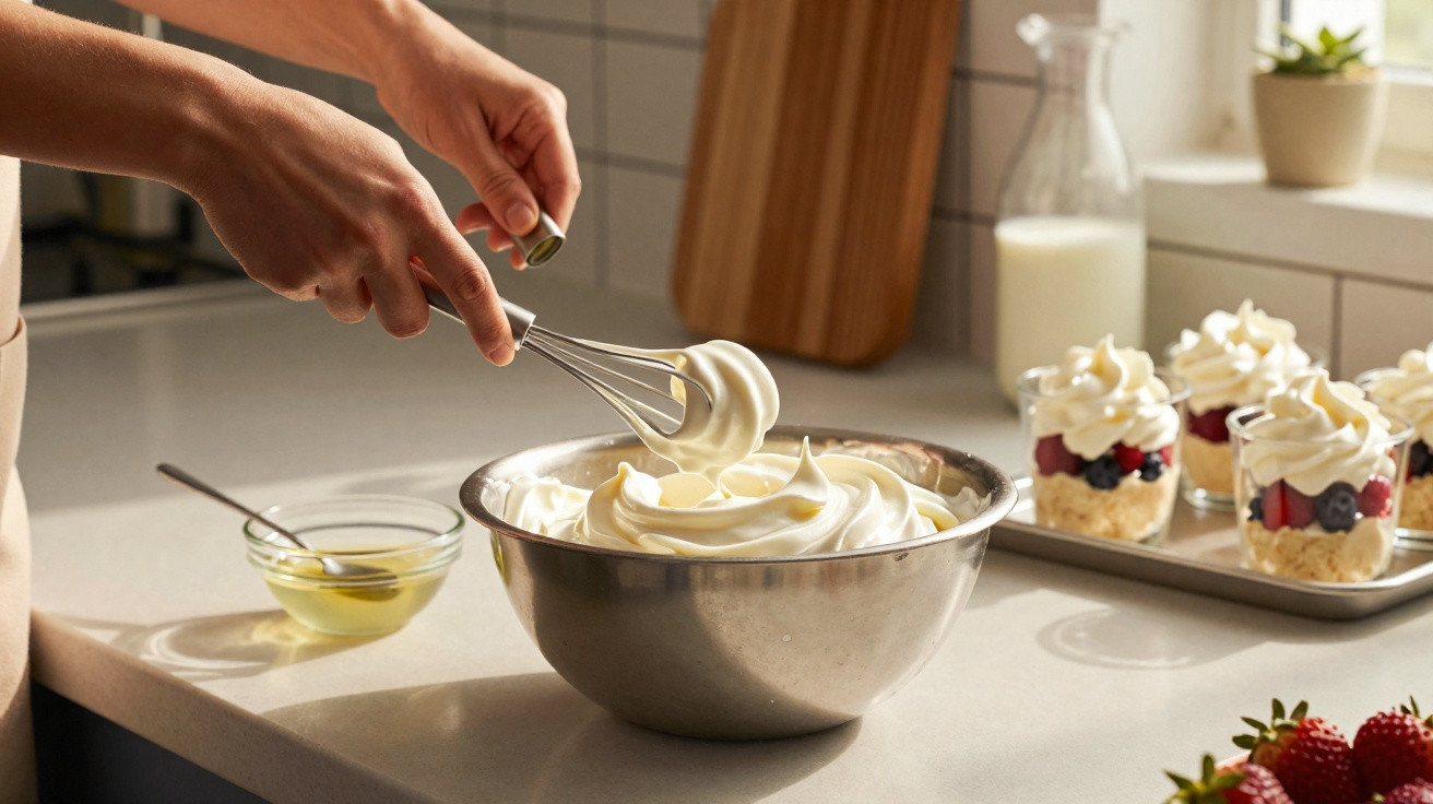 Mãos a bater chantili numa taça metálica numa cozinha moderna com frutas e sobremesas ao fundo.