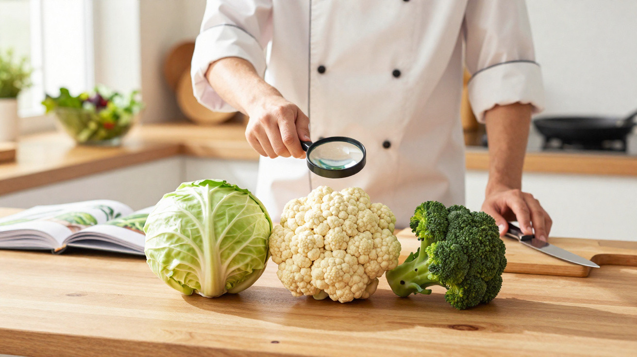 Chef inspeciona couve-flor com lupa, ao lado de couve e brócolos numa cozinha moderna.