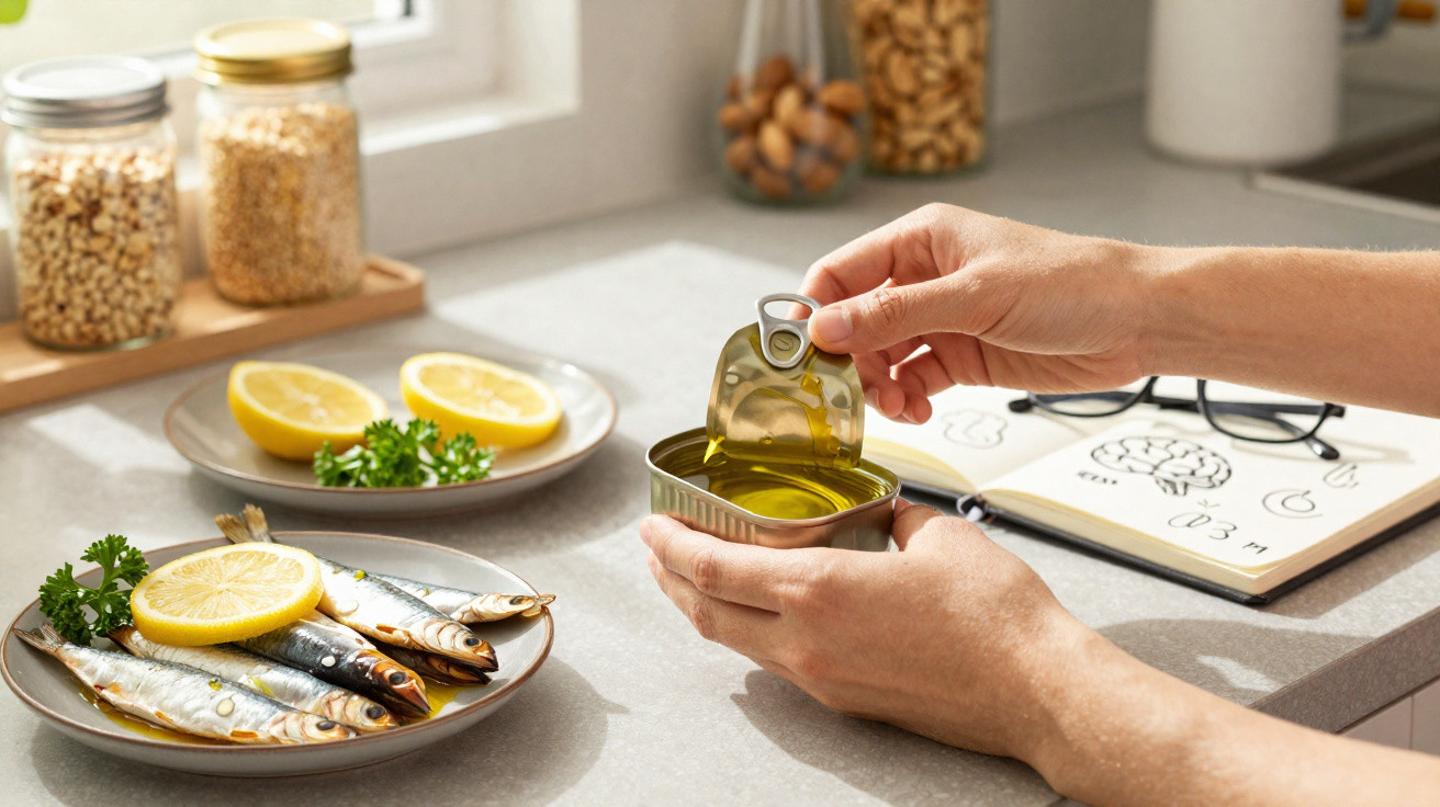 Mãos a abrir uma lata de sardinhas com limão e salsa ao lado e um caderno de receitas na cozinha.