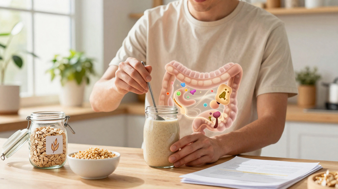 Pessoa a preparar smoothie saudável na cozinha com ilustração do sistema digestivo e microbiota intestinal.