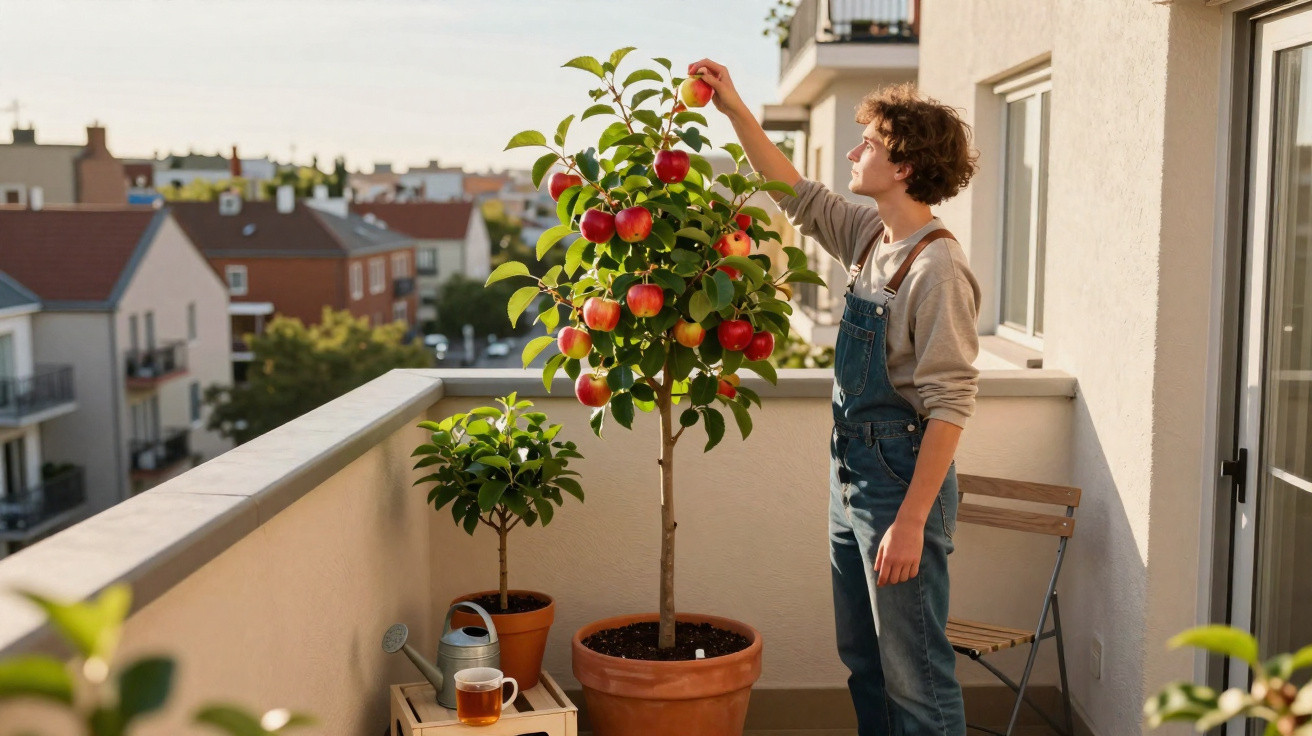 Jovem a apanhar maçã numa árvore de fruto em vaso numa varanda urbana ensolarada.
