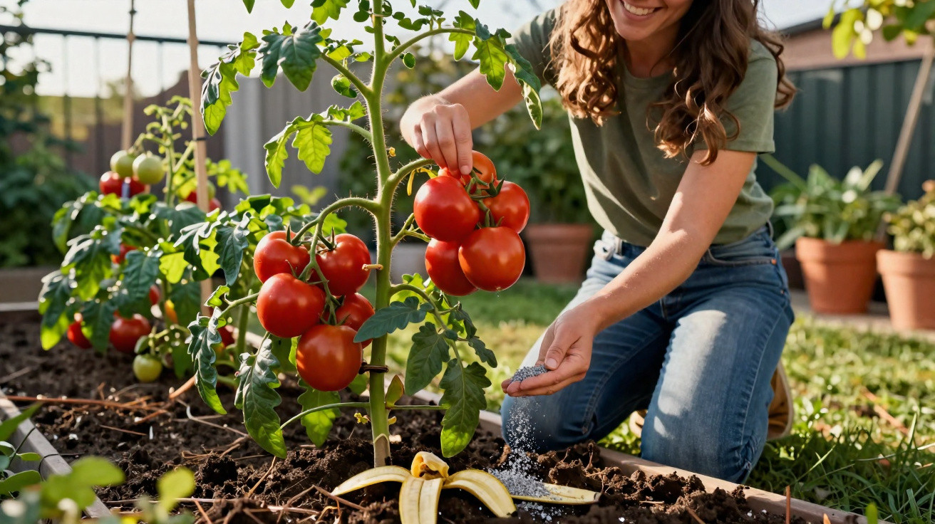 Mulher a colher tomates maduros numa horta, enquanto espalha fertilizante no solo.