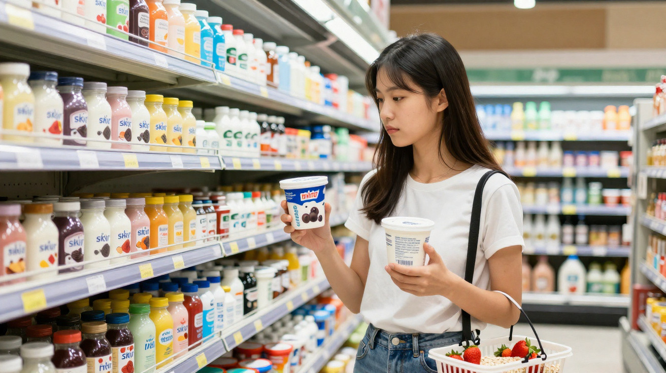 Jovem em supermercado segura dois iogurtes enquanto escolhe produtos na prateleira de lacticínios.