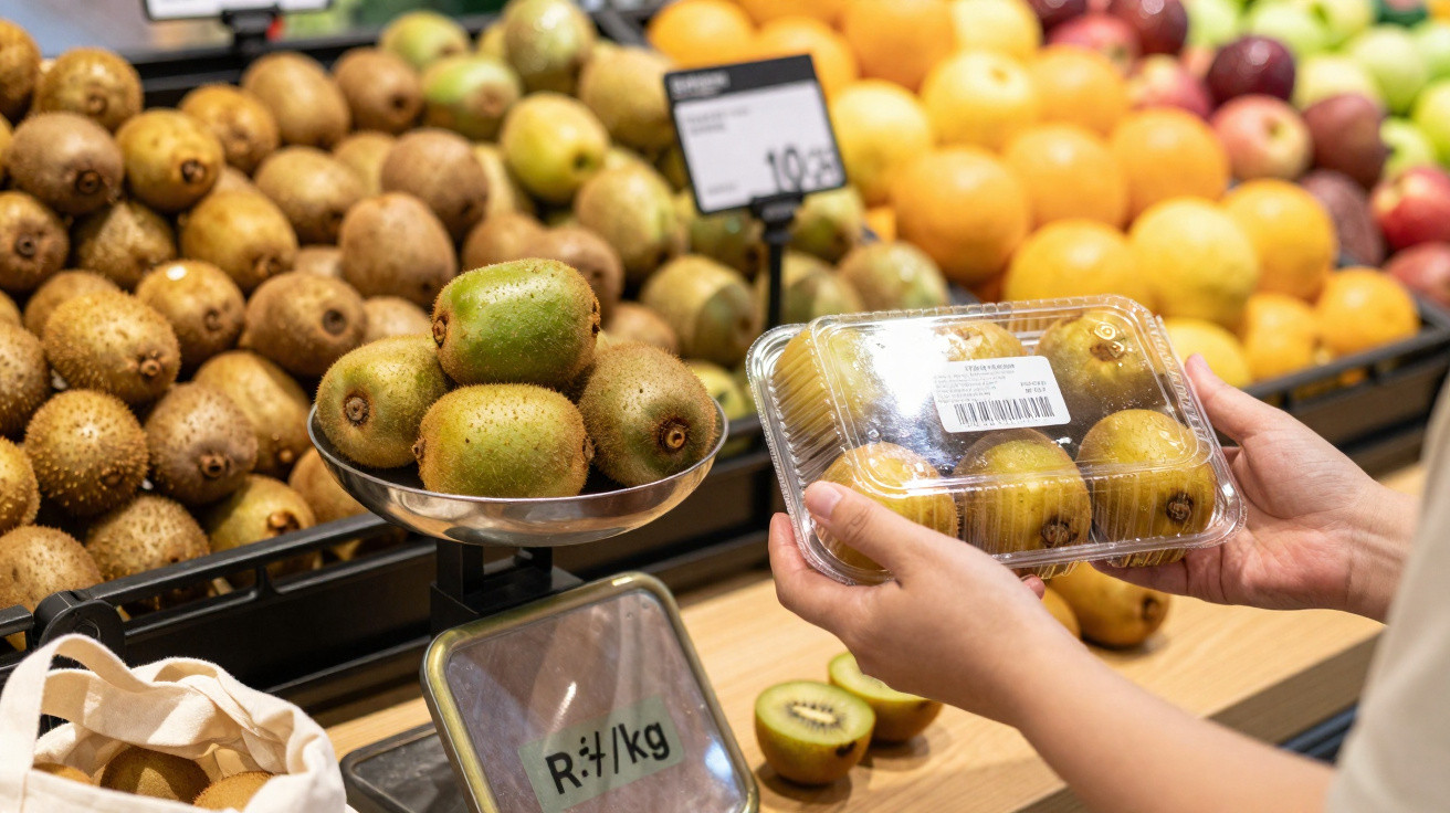 Pessoa a segurar embalagem de kiwis num supermercado com frutas variadas ao fundo.