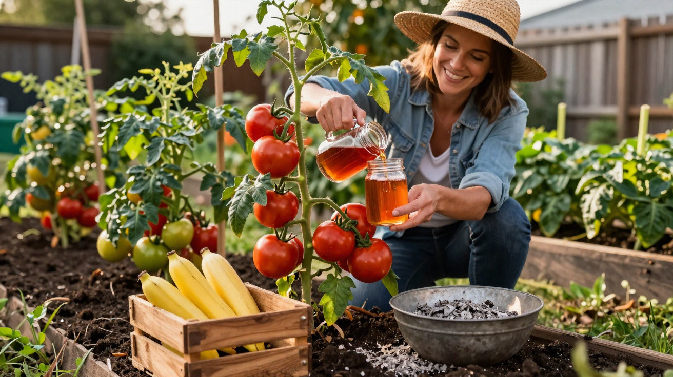 Mulher rega planta de tomate maduro num jardim com caixa de bananas ao lado.