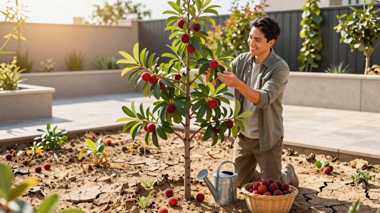 Jovem a colher frutos vermelhos de uma árvore pequena num jardim com terra seca ao sol.
