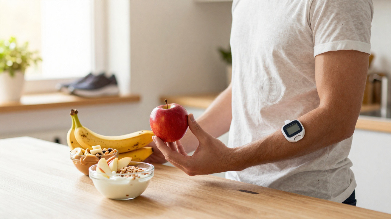 Pessoa com sensor de glicose no braço a segurar uma maçã ao lado de frutas e iogurte numa bancada de cozinha.