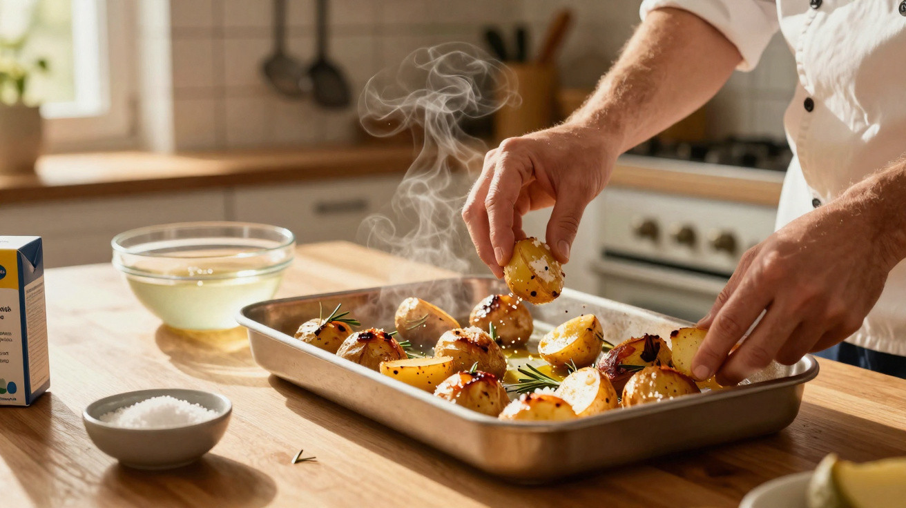 Mãos a temperar batatas assadas com ervas numa tabuleiro, numa cozinha iluminada.