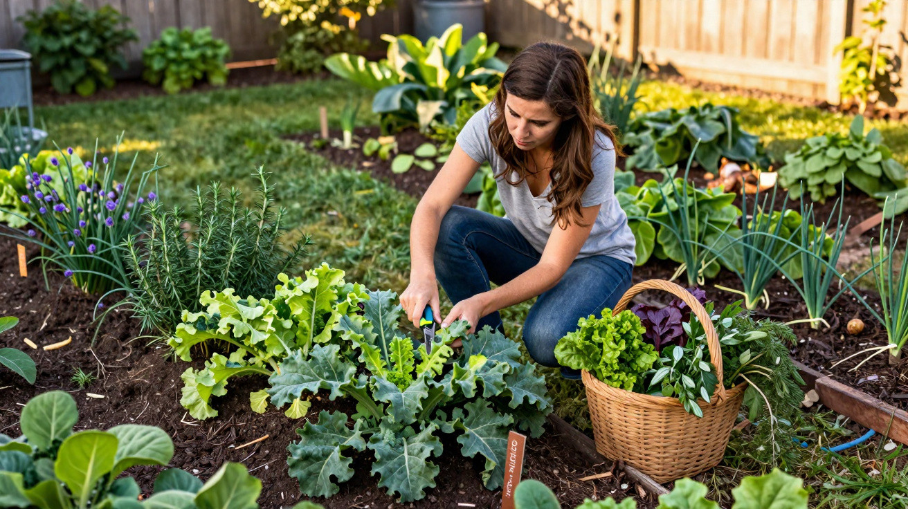Mulher a cuidar e colher verduras num jardim urbano com cesta cheia de hortaliças frescas.