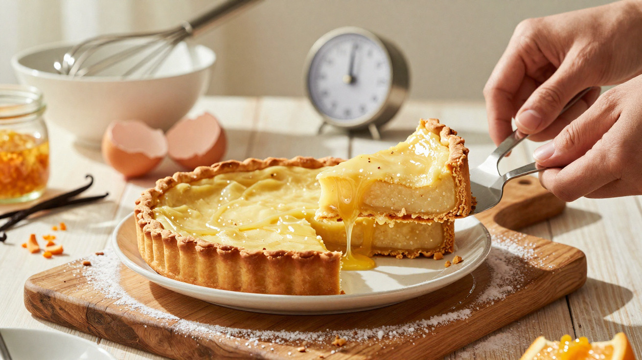 Mão a servir fatia de tarte cremosa de limão numa mesa com utensílios e temporizador ao fundo.