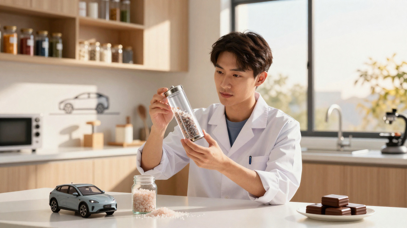 Homem com bata branca examina frasco com cristais numa cozinha moderna, com miniatura de carro e chocolates na mesa.