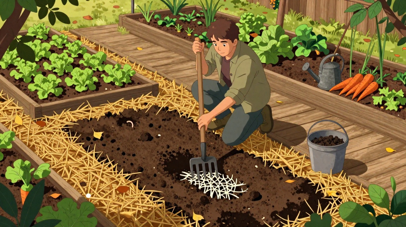 Homem a cuidar de um jardim com canteiros de terra, legumes e palha, a usar um ancinho.