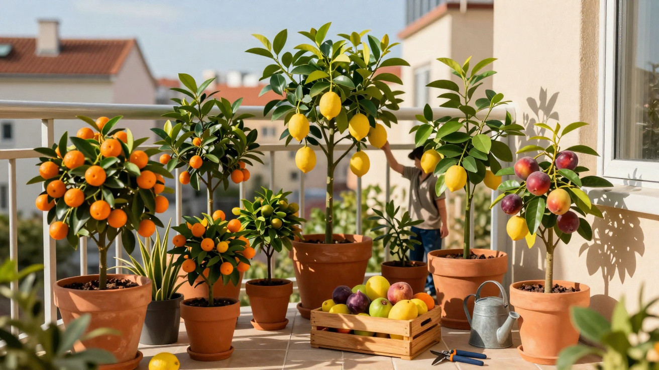 Varanda com vasos de árvores de citrinos e outras frutas, regador e cesta com frutos variados.