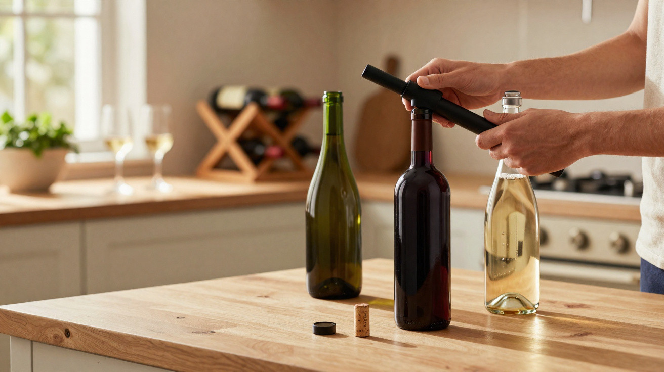 Pessoa a abrir garrafa de vinho tinto numa cozinha moderna com outras garrafas e taças ao fundo.