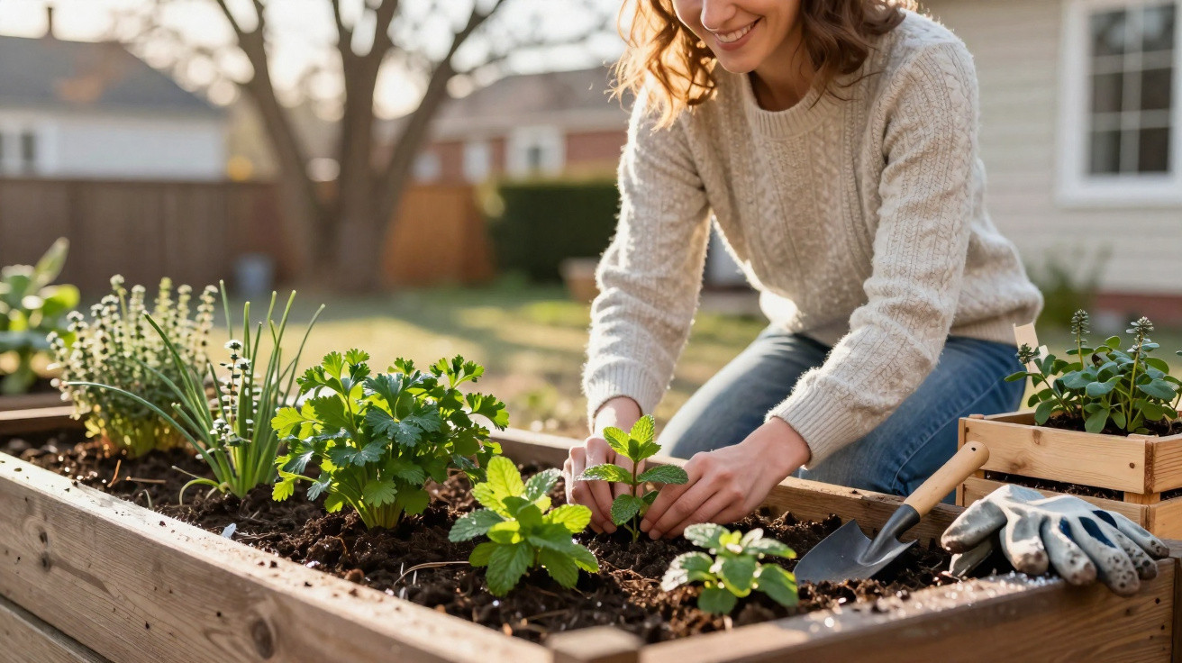 Mulher a sorrir enquanto planta ervas aromáticas numa horta urbana em madeira num jardim ensolarado.