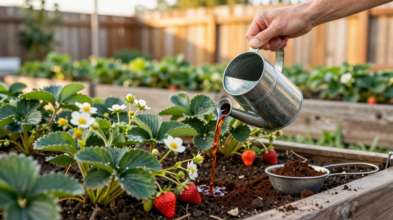 Pessoa a regar plantas de morangueiro num canteiro com regador metálico, frutos vermelhos e flores brancas.