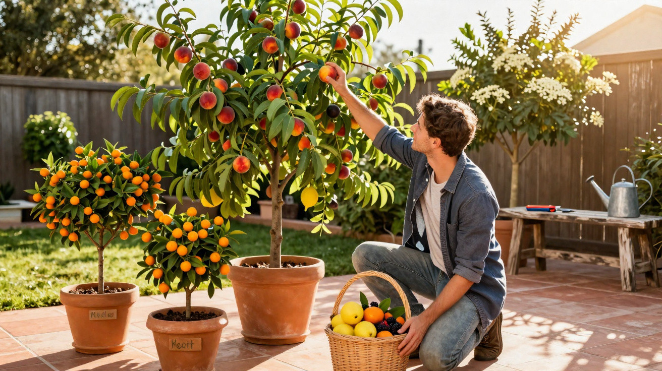 Homem colhendo pêssegos de árvore em vaso, com cesto de fruta e outras plantas à volta num terraço solarengo.