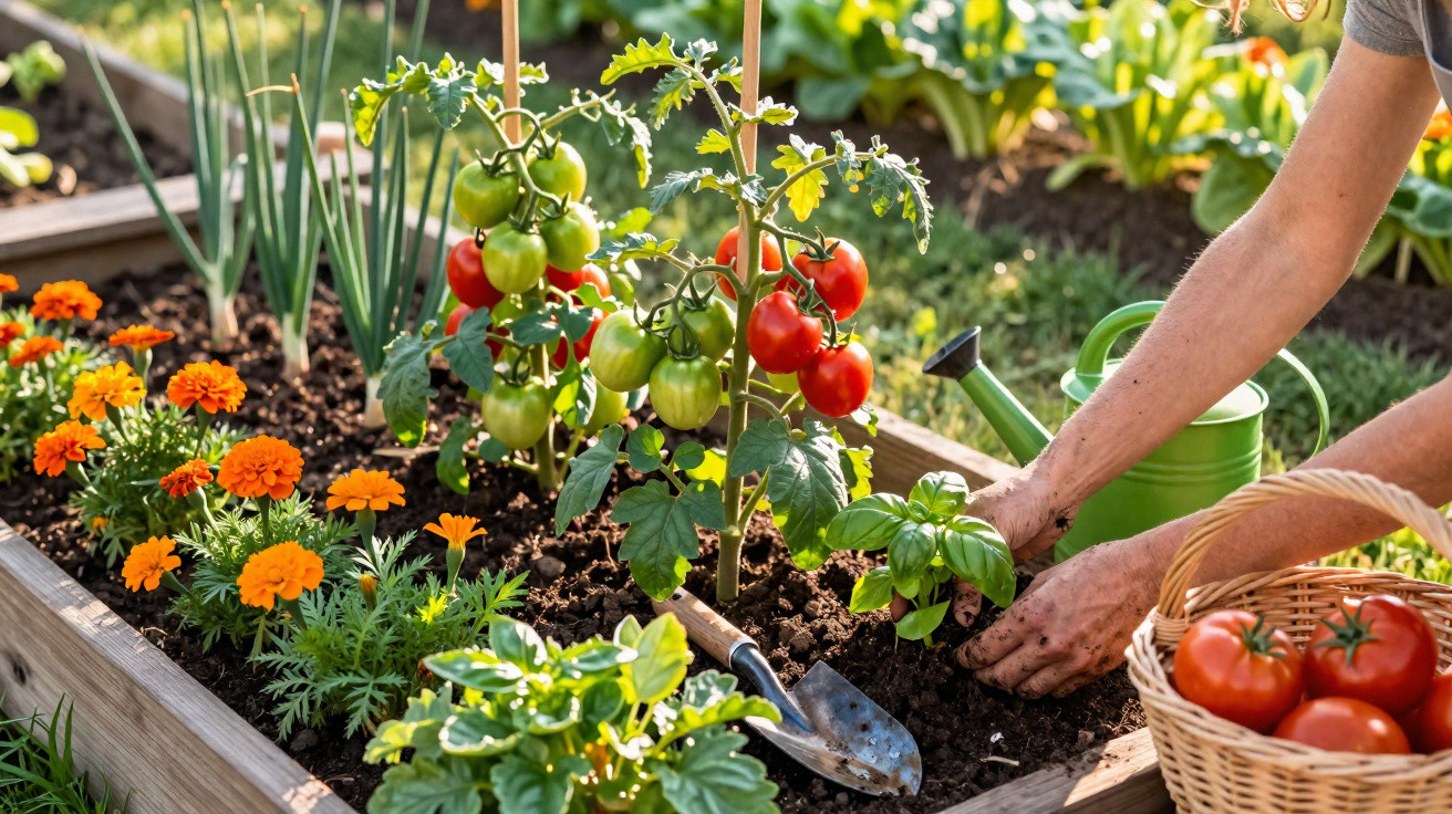 Pessoa a cuidar de plantas num canteiro com tomates, flores laranja e ervas aromáticas.