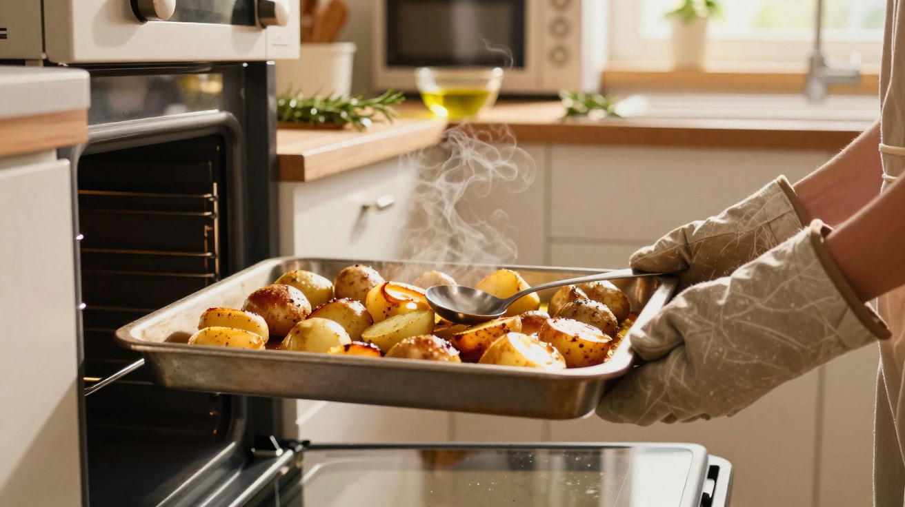 Pessoa a retirar tabuleiro de batatas assadas do forno numa cozinha moderna iluminada.