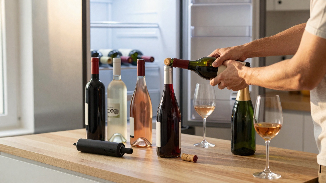 Pessoa a servir vinho tinto numa garrafa, com várias garrafas e copos de vinho numa bancada de madeira.