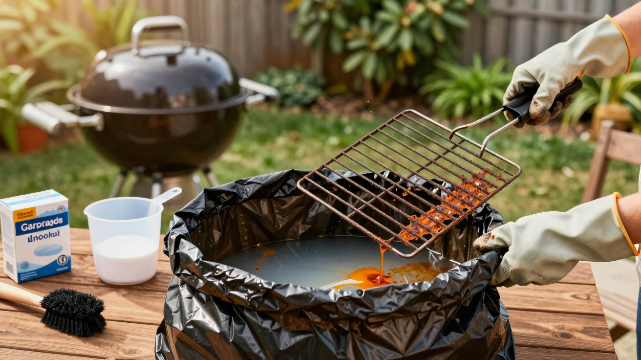 Pessoa a limpar uma grelha de barbecue com luvas, escorrendo resíduos sobre recipiente forrado com saco plástico.