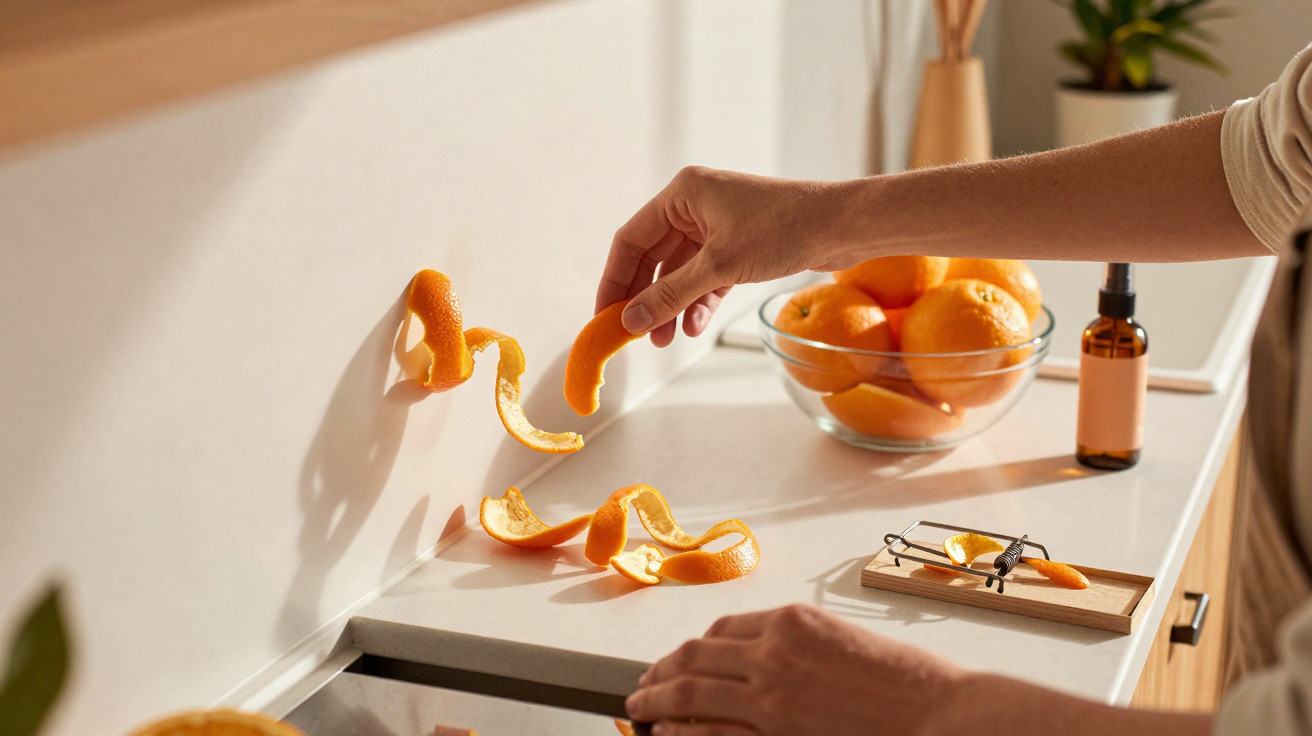 Mão a segurar casca de tangerina sobre bancada com tangerinas numa taça e frasco ambar.