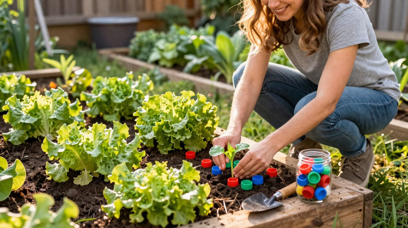Mulher a plantar muda numa horta com alfaces, cercada de tampas coloridas e utensílios de jardinagem.