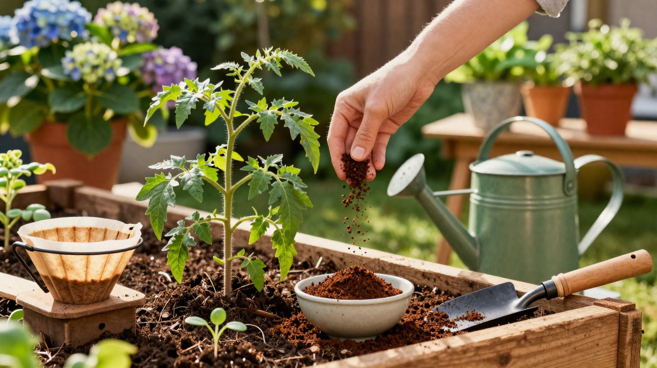 Pessoa a adicionar borra de café como fertilizante numa horta urbana com regador e flores ao fundo.