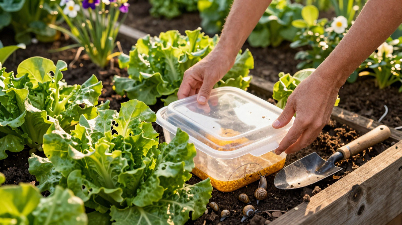 Mãos a colocar tampa em recipiente com alimento no canteiro de hortaliças com caracóis e pá de jardinagem.
