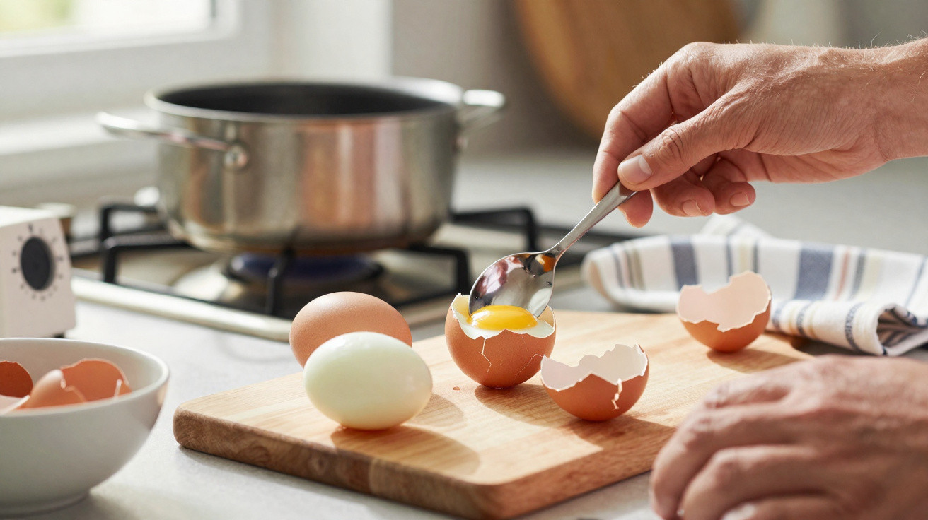 Pessoa a partir um ovo com uma colher numa cozinha com fogão e panela ao fundo.