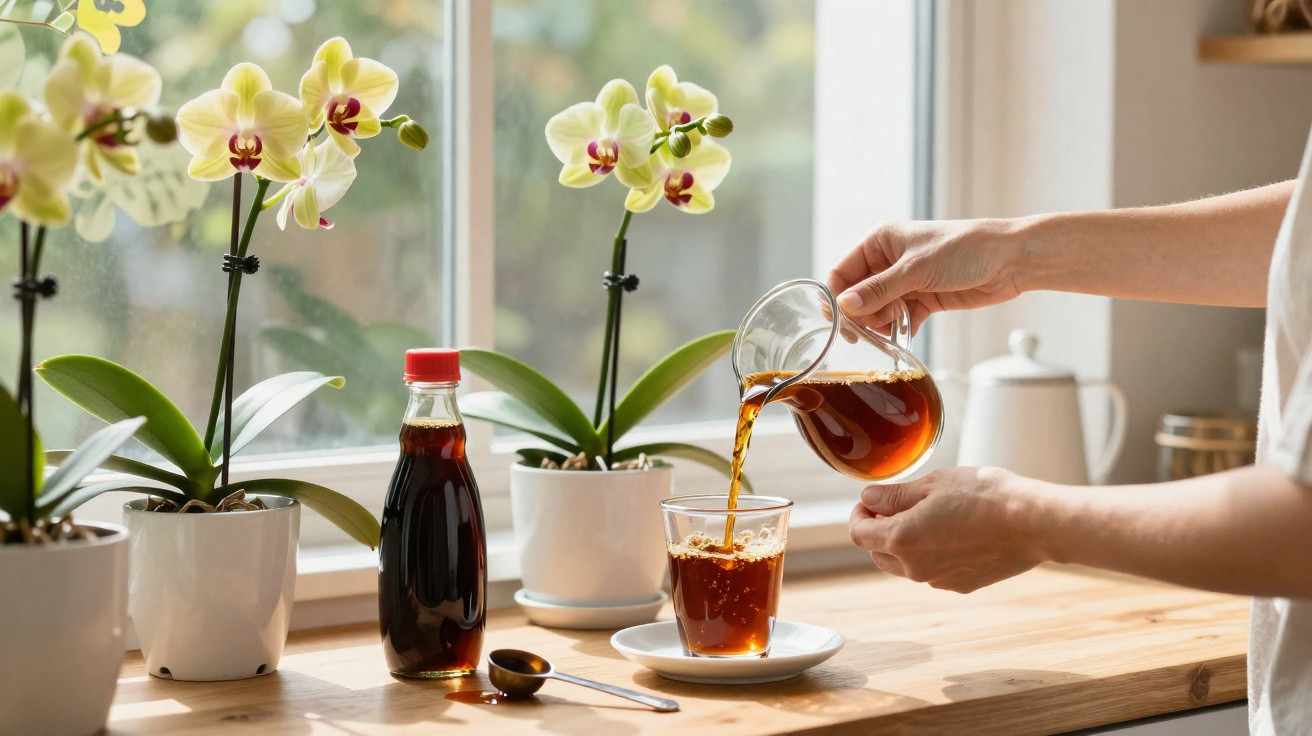 Pessoa a servir café num copo transparente numa bancada junto a uma janela com orquídeas brancas em vasos.