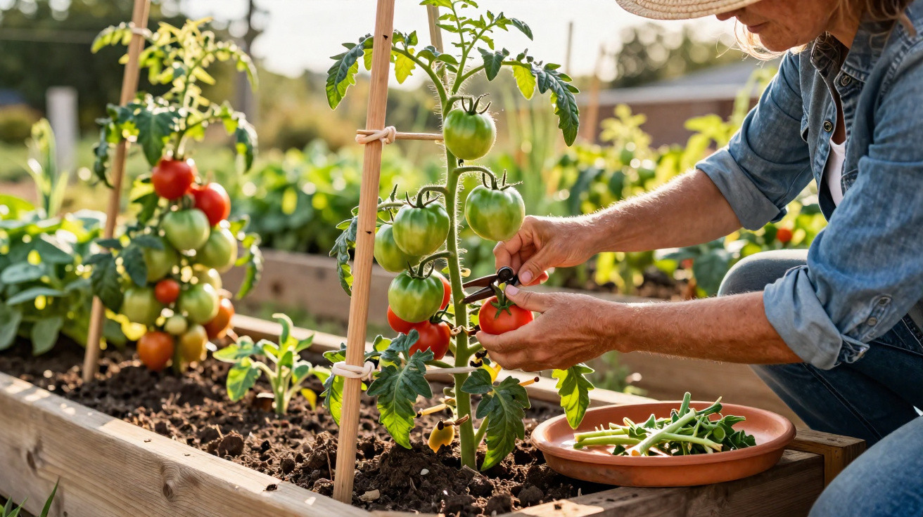 Pessoa colhe tomates vermelhos maduros numa estufa com plantas em madeira, segurando tesoura de poda.