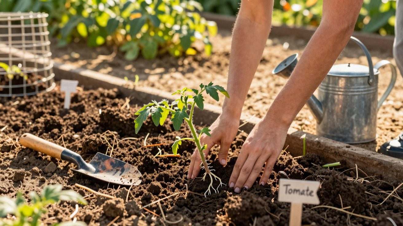 Pessoa a plantar muda de tomate num canteiro de terra, com regador e enxada ao lado.