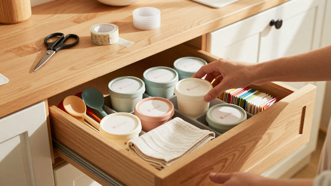 Gaveta de cozinha com recipientes, colheres, guardanapos e pacotes coloridos organizados.