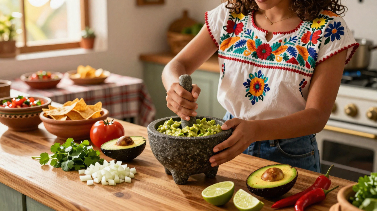 Pessoa a preparar guacamole numa cozinha com ingredientes frescos numa bancada de madeira.