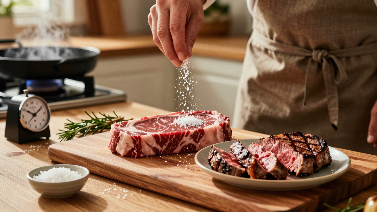 Pessoa a temperar um bife cru com sal numa tábua de madeira, com bife grelhado fatiado num prato ao lado.