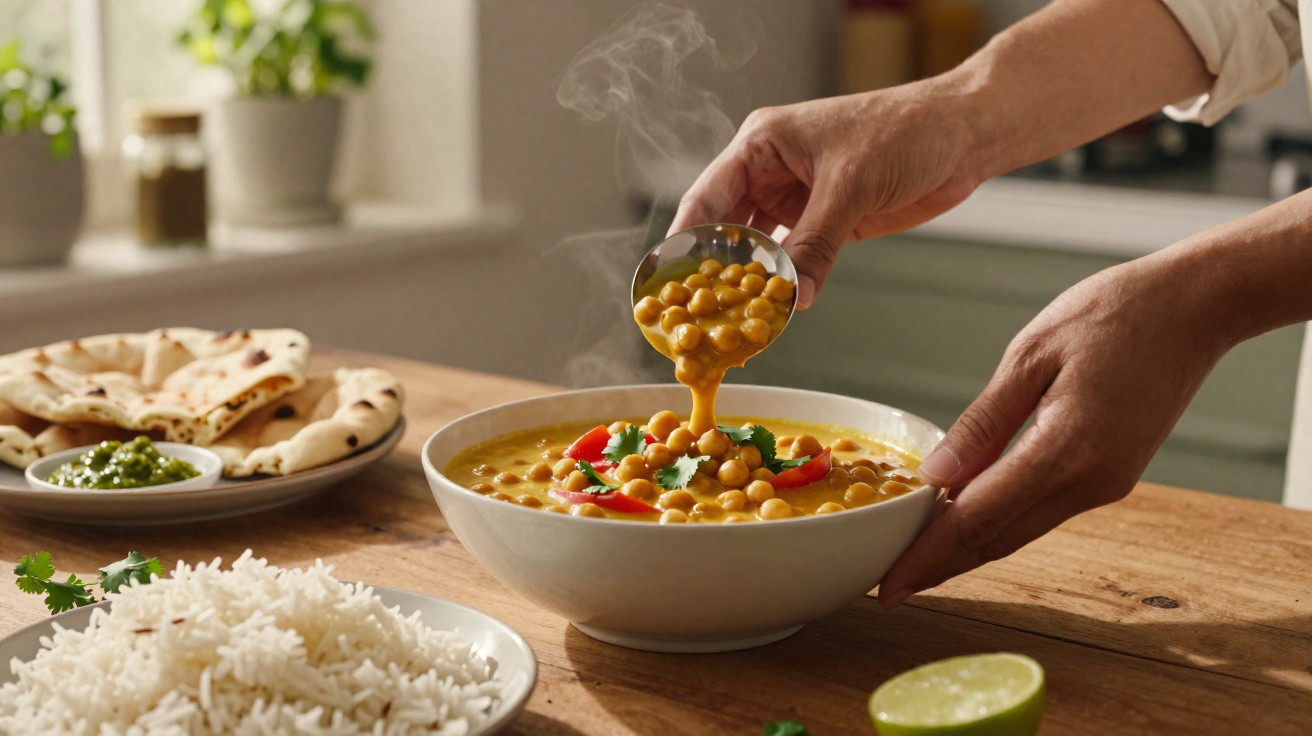 Pessoa a servir caril quente de grão-de-bico, com arroz, pão naan e molhos numa mesa de madeira.