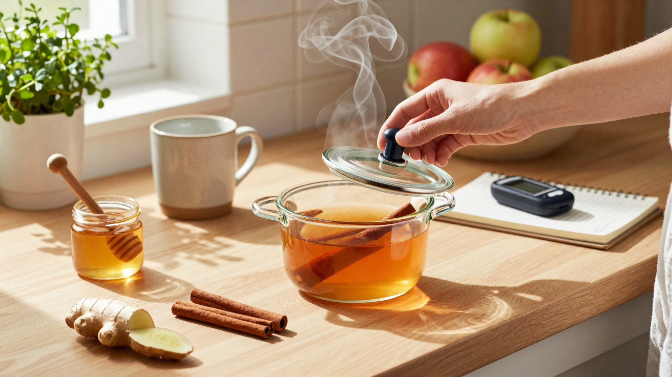 Mão a levantar tampa de tacho com infusão de canela, gengibre, mel, chávena e glucometro numa bancada iluminada.
