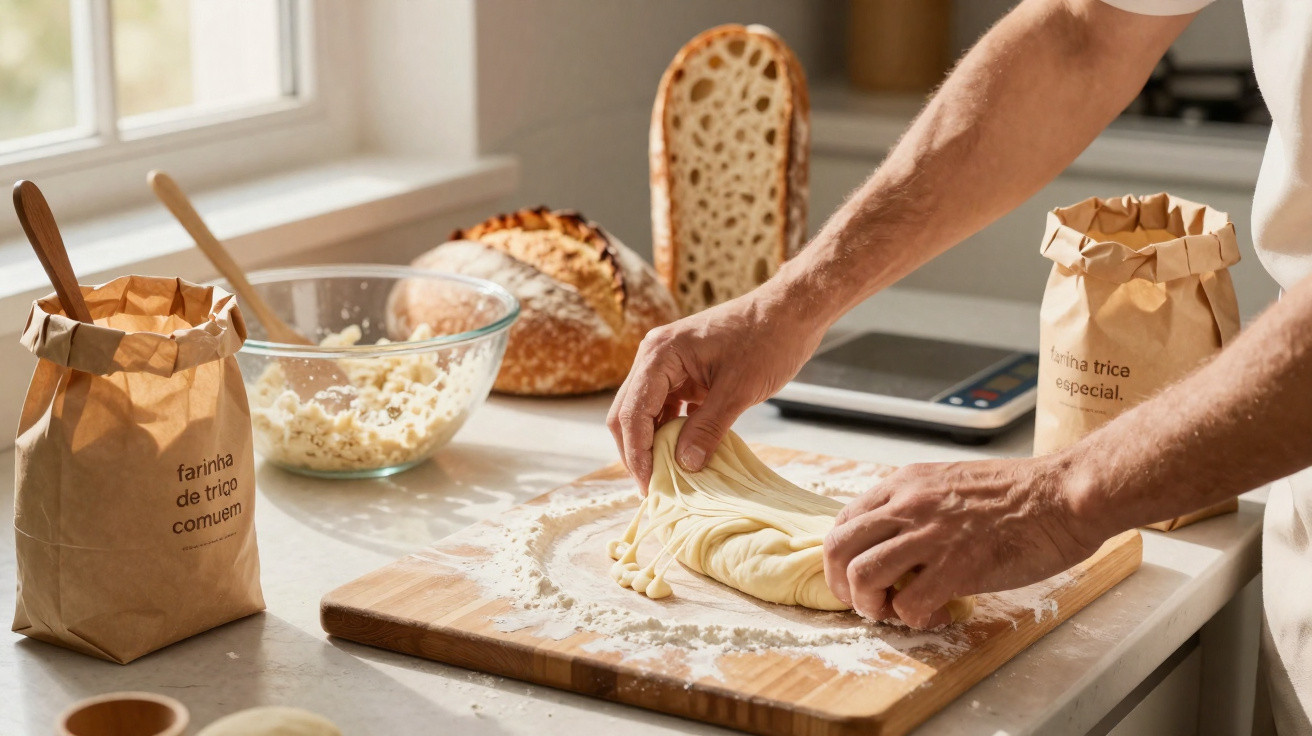 Pessoa a esticar massa sobre tábua de madeira numa cozinha com ingredientes e pão ao fundo.