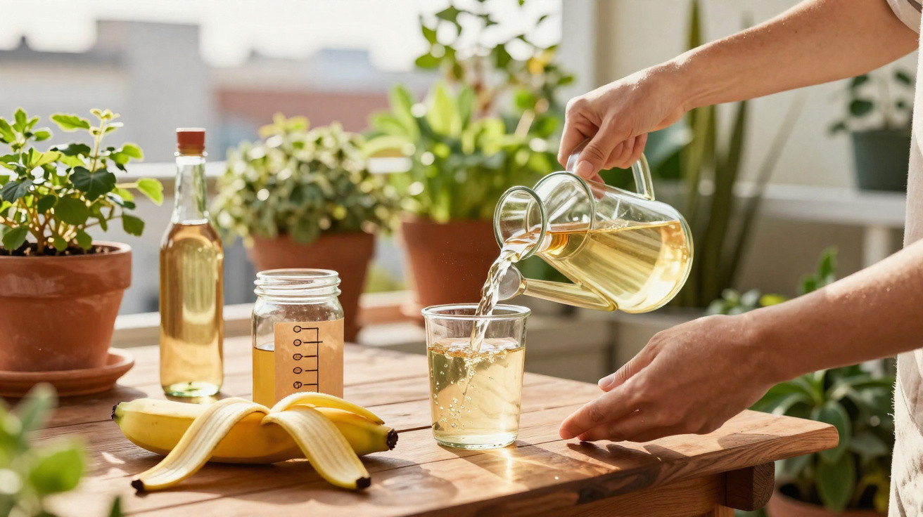 Pessoa a verter bebida amarela num copo, com bananas e plantas em vaso num ambiente exterior iluminado.